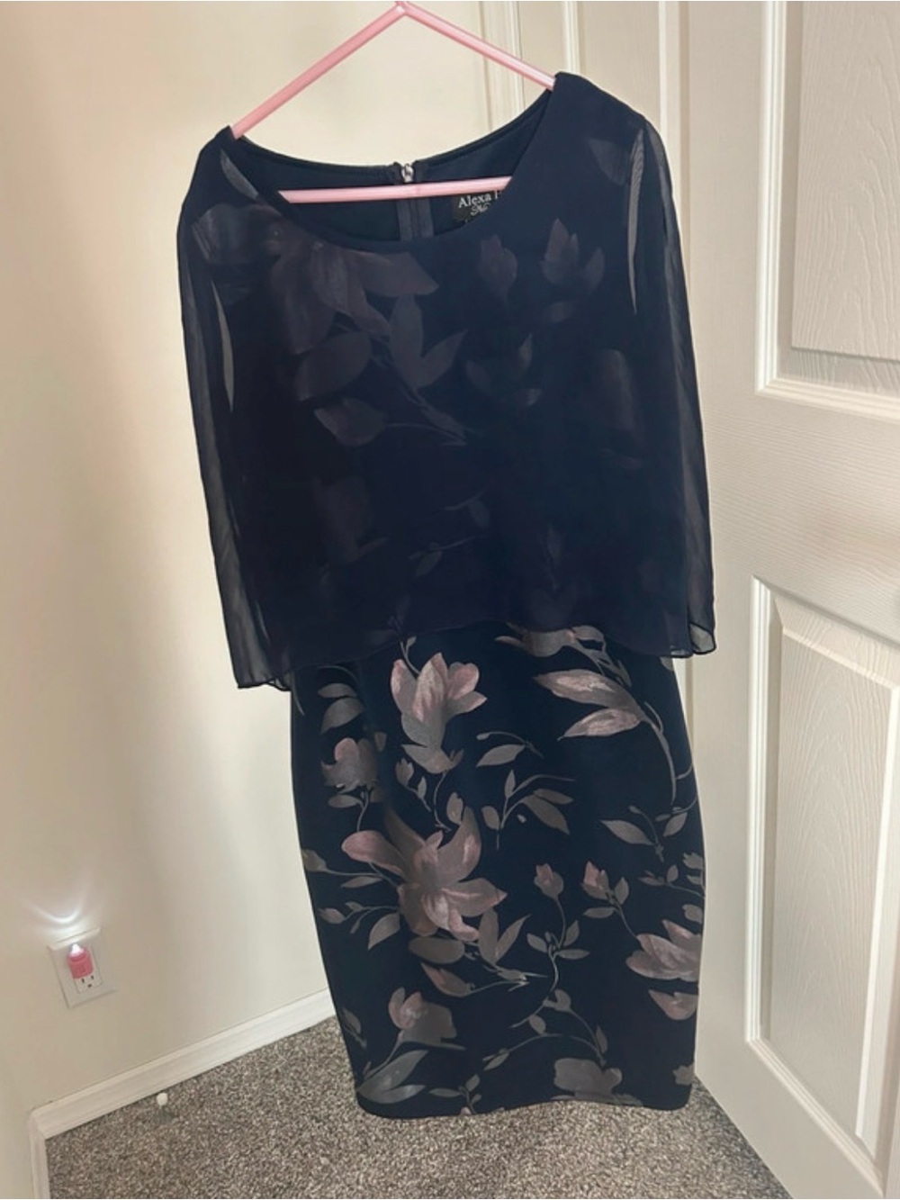 Alexa B Nites Navy Floral Midi Dress with Sheer Overlay